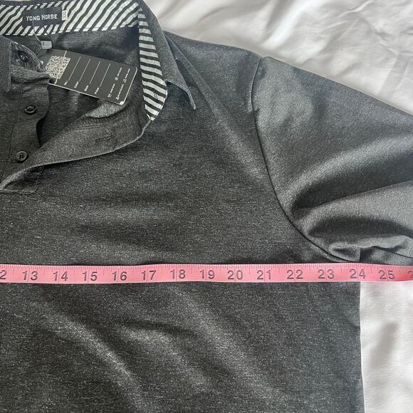 ✨Yong Horse Men’s Polo Shirt XXL Black Gray Striped Collar Short Sleeve NWT - Picture 3 of 5